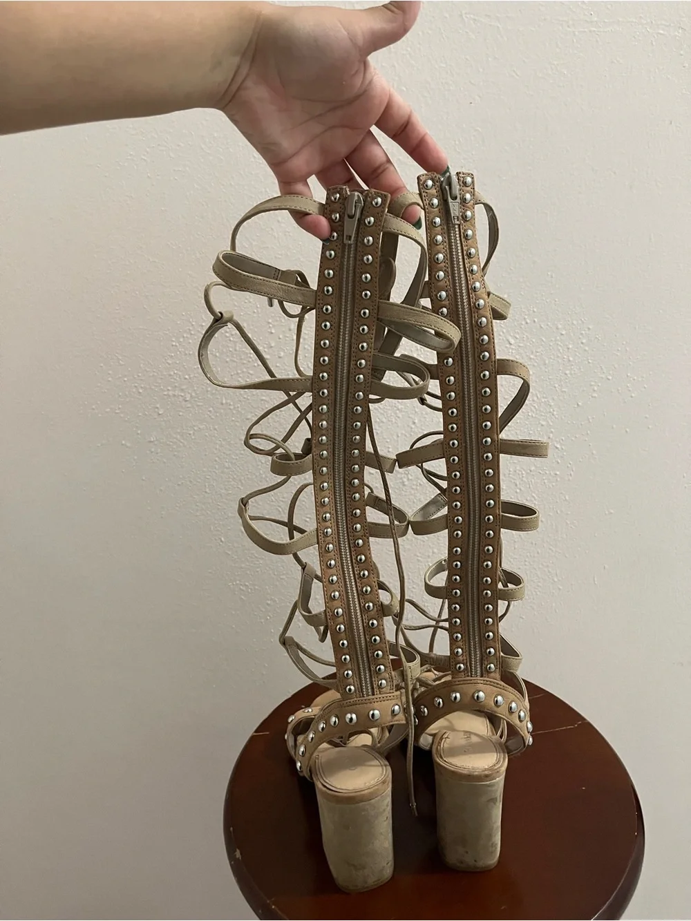 Gianni Bini Beige Lace-Up Studded Gladiator Heeled Sandals - Picture 3 of 4